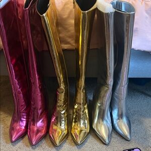 Metallic Knee-High Boots - Pink, Gold, Silver